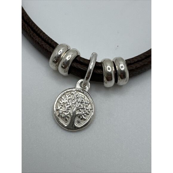 950 Sterling Silver Brown Leather Bracelet Tree Of Life Charm - Picture 2 of 6